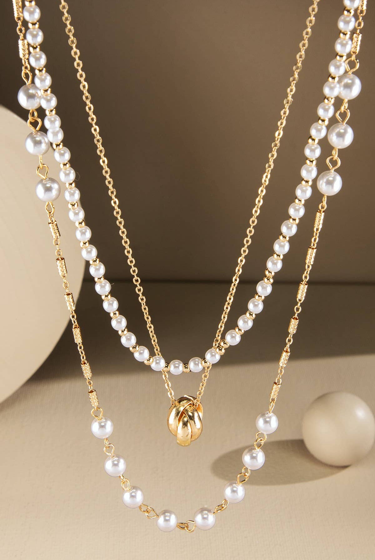 Silver Triple Layer Pearl and Chain Link Necklace { product_type }}