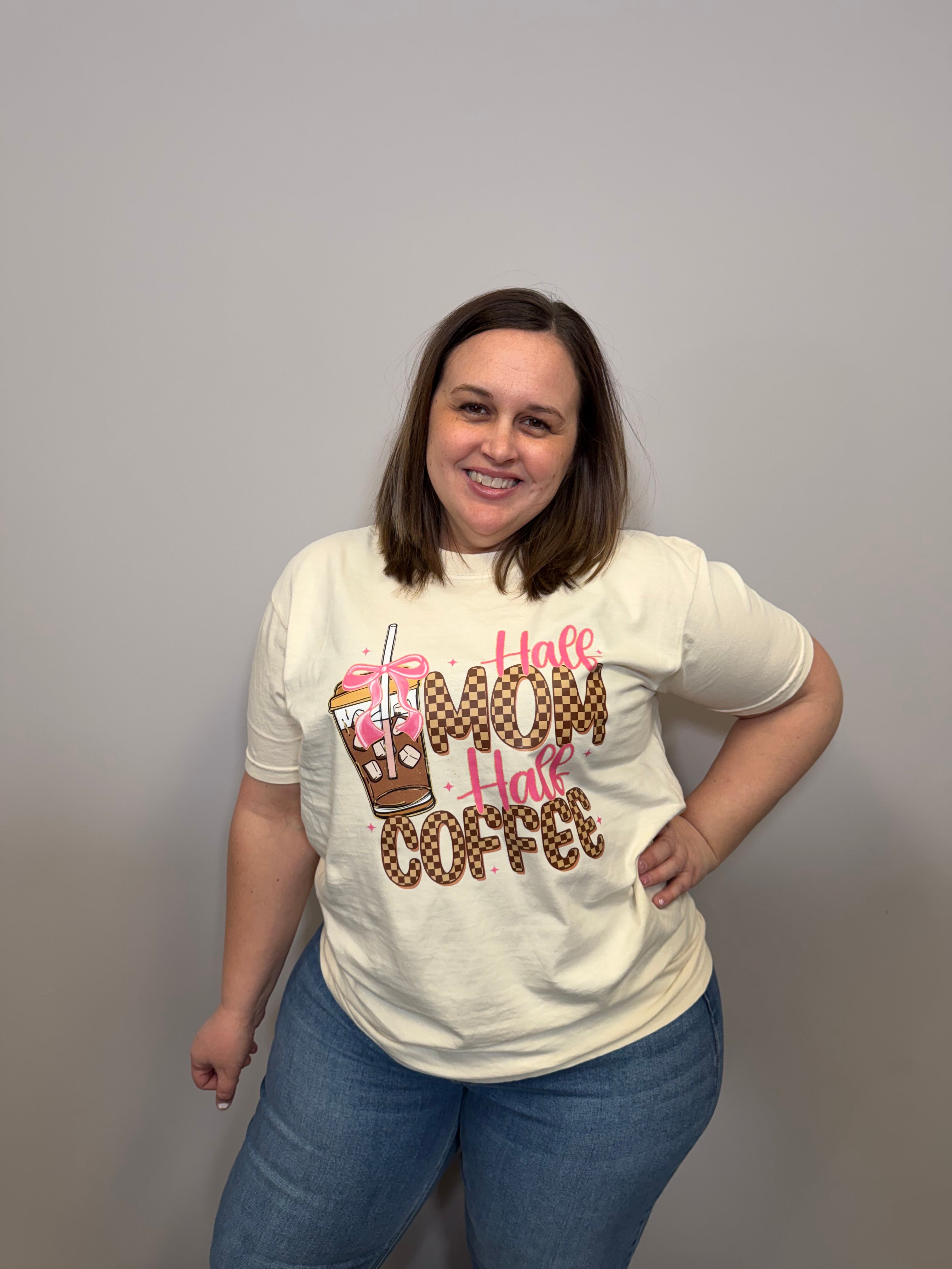 Half Mom Half Coffee Crewneck-Graphic Tees-Tres Birdos Graphic Tees-Three Birdies Boutique, Women's Fashion Boutique Located in Kearney, MO