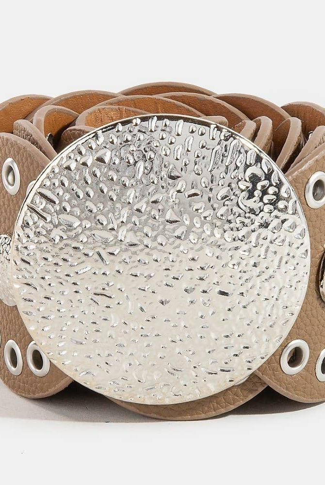 Hammered Disc Accent Faux Leather Panel Link Belt: BZS { product_type }}