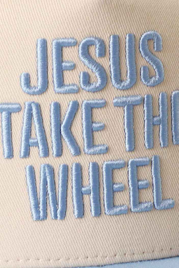 JESUS TAKE THE WHEEL 3D Embroidered Two-Tone Trucker Hat - Sky Blue { product_type }}