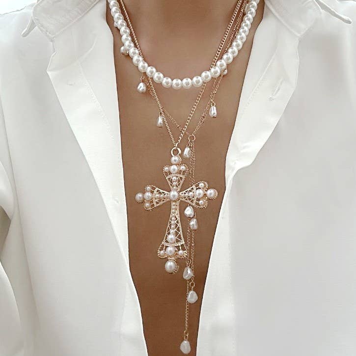 Multi-Layer Mixed Pearl Cross Y-Charm Necklace { product_type }}