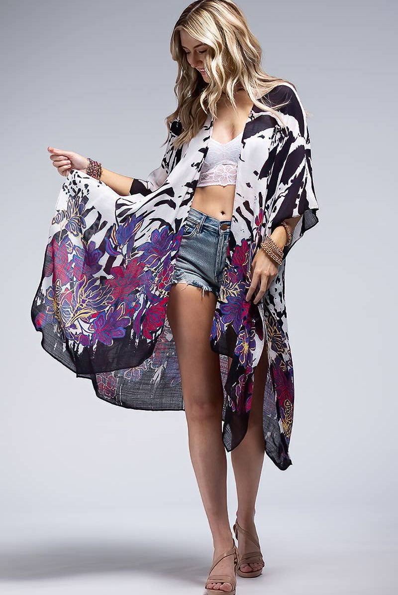 Monotone Flower Print Kimono { product_type }}