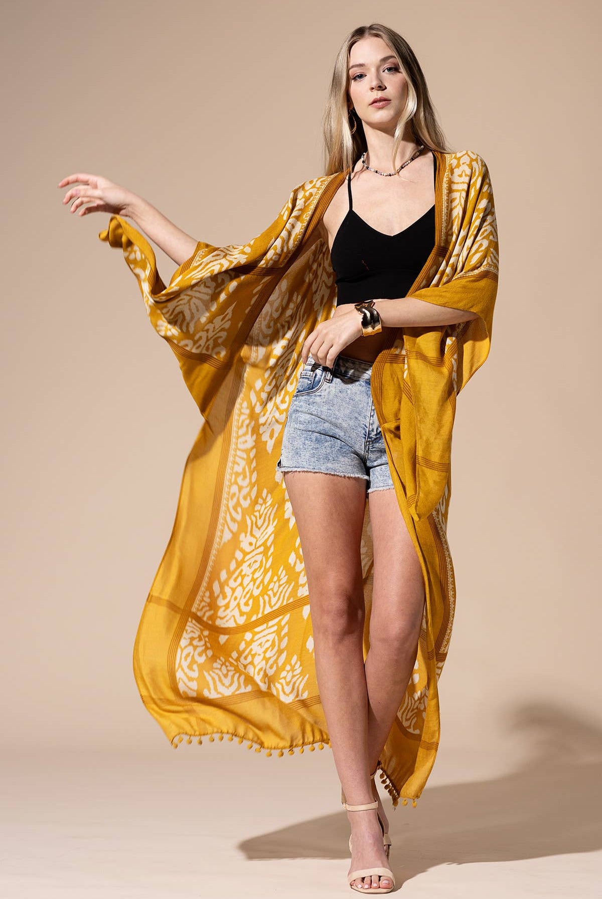 Damask Print Kimono with Sleeves: Mustard { product_type }}