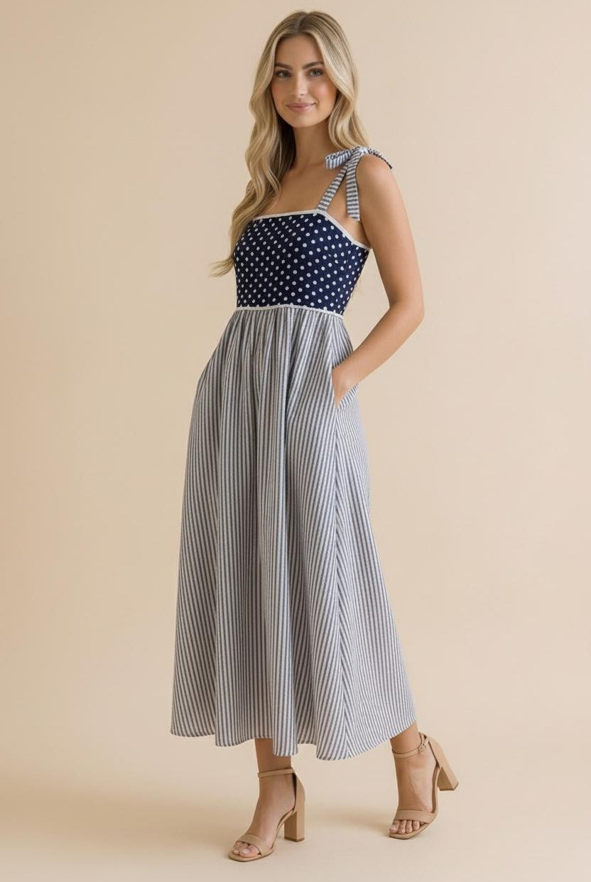 Polka Dot Striped Midi Dress-Dresses-Haptics-Three Birdies Boutique, Women's Fashion Boutique Located in Kearney, MO