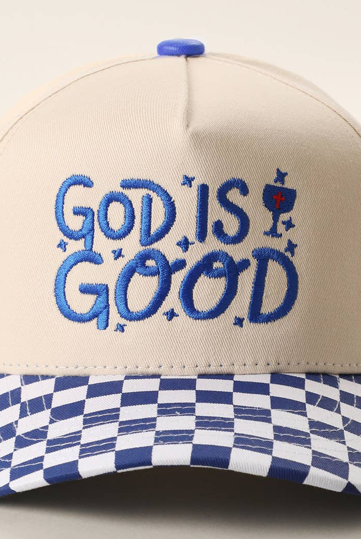 GOD IS GOOD Embroidered Checkered Brim Trucker Hat: RED / ONE SIZE { product_type }}