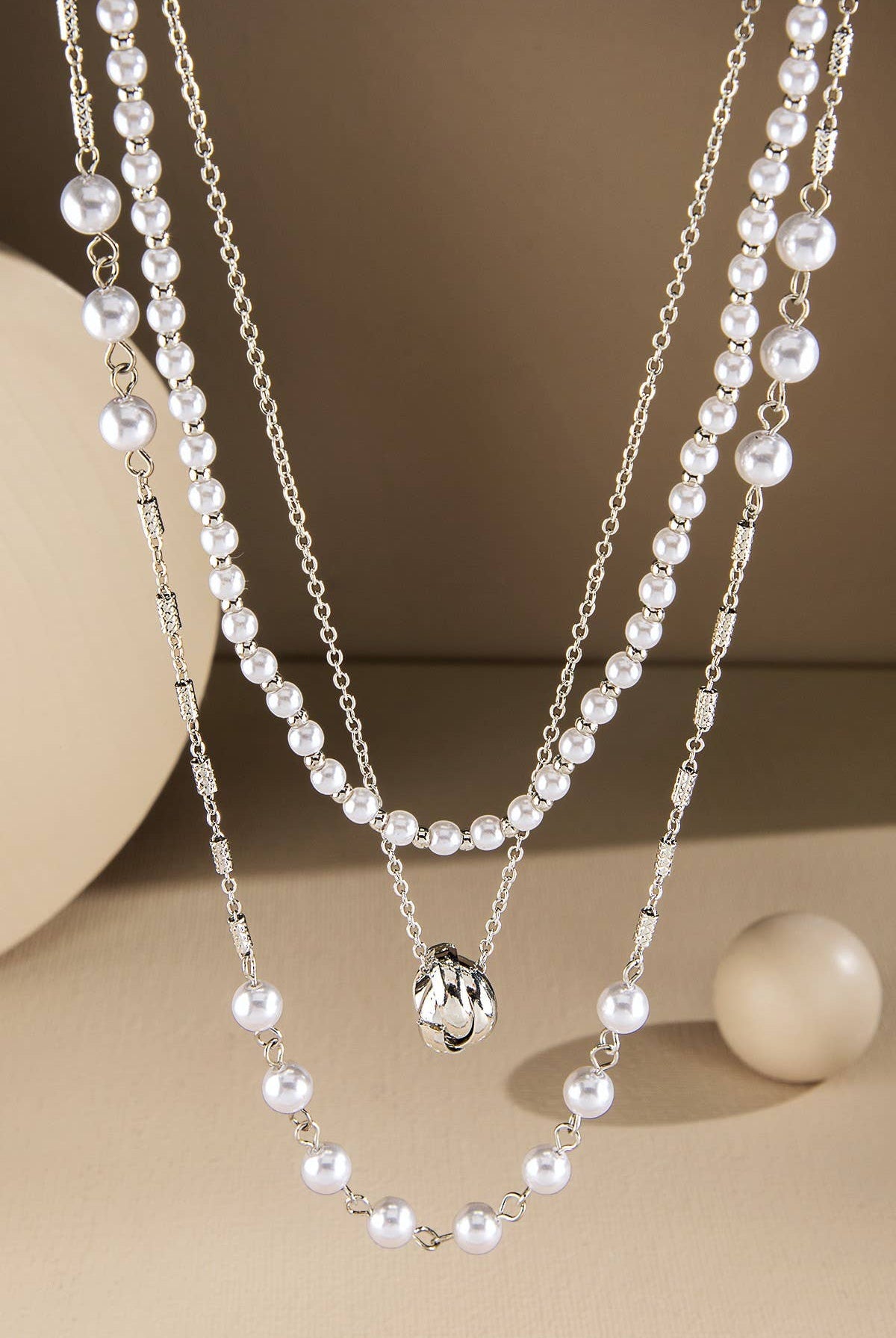 Silver Triple Layer Pearl and Chain Link Necklace { product_type }}