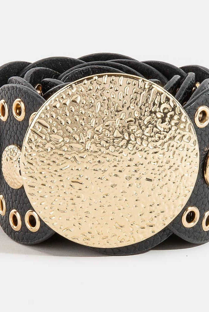 Hammered Disc Accent Faux Leather Panel Link Belt: BZS { product_type }}