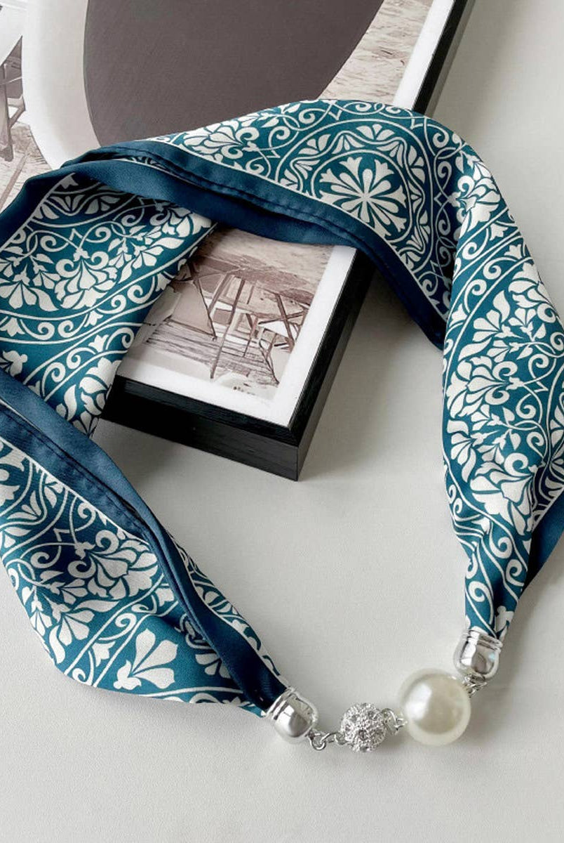 Magnetic Silk Scarf Necklace | Blue & White { product_type }}
