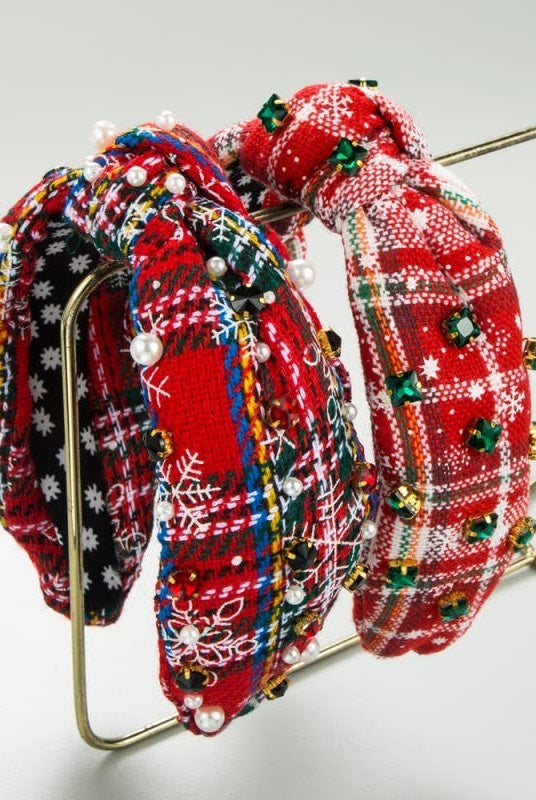 CHRISTMAS PLAID RHINESTONE WIDE KNOTTED HEADBAND | 40HB171: B { product_type }}