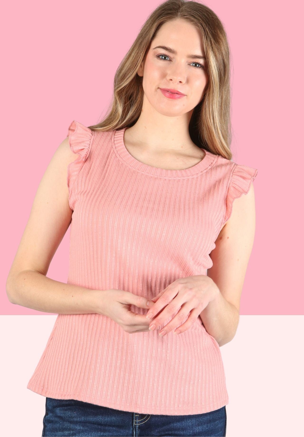 Ruffle Sleeve Rib Top-Tank Tops-P.S. Kate-Three Birdies Boutique, Women's Fashion Boutique Located in Kearney, MO