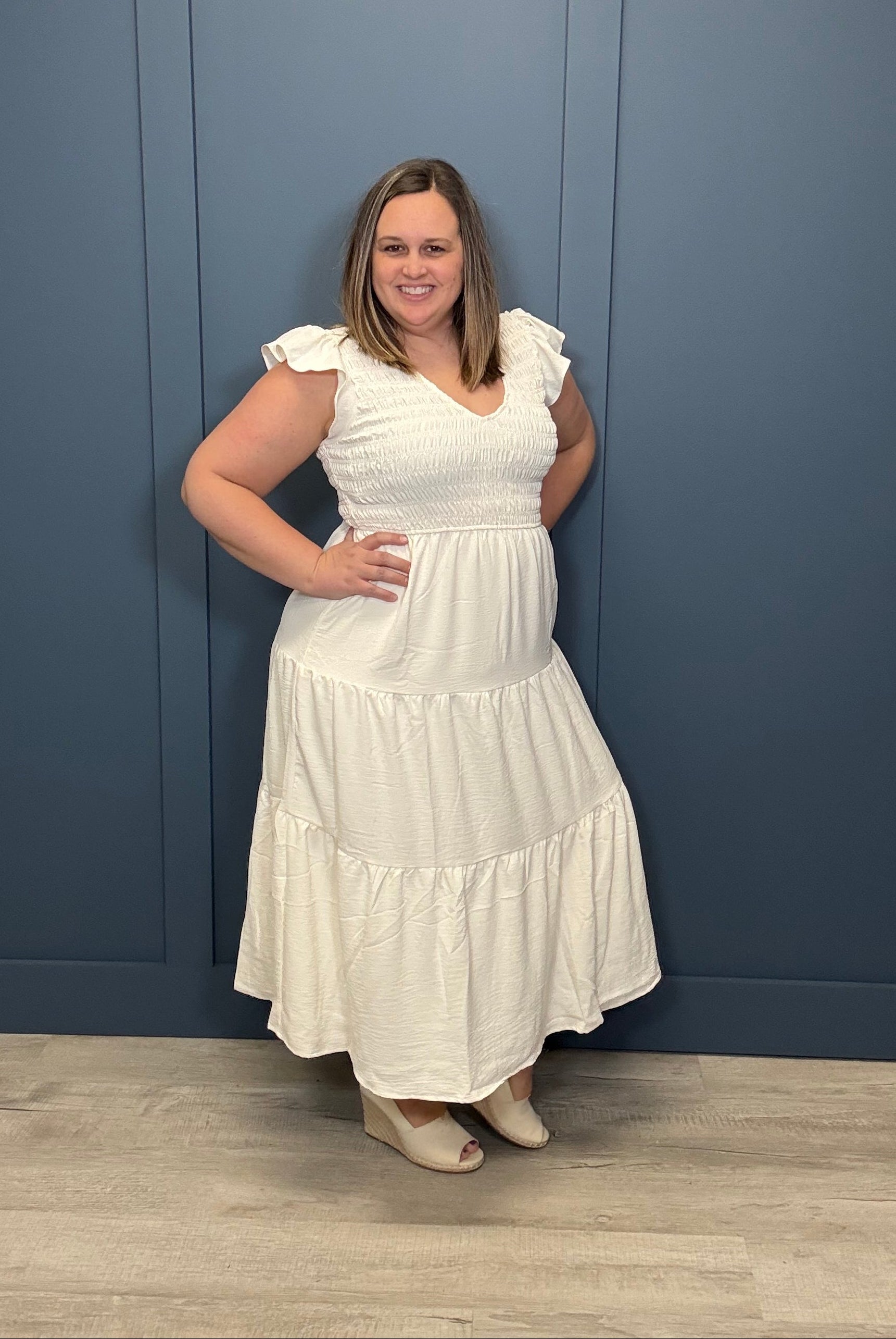 Tiered V-Neck Smocked Short Sleeve Midi Dress { product_type }}