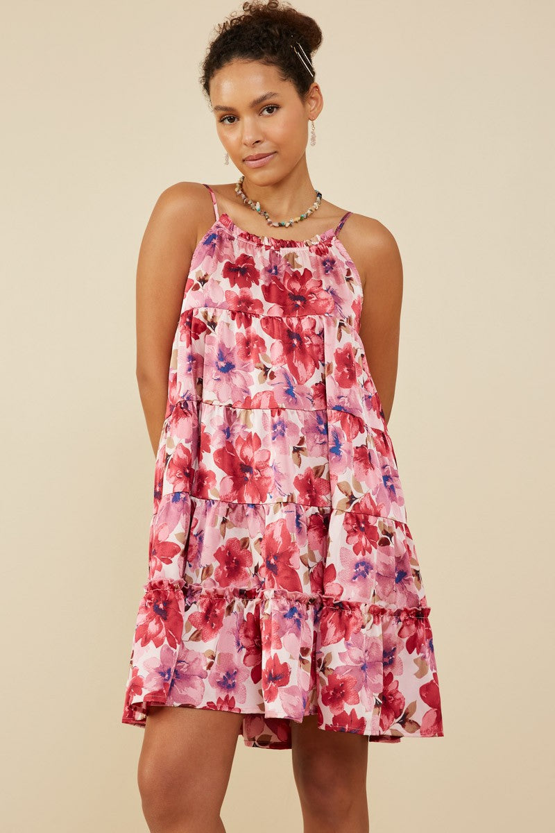 Satin Floral Tiered Tank Dress-Dresses-Hayden LA-Three Birdies Boutique, Women's Fashion Boutique Located in Kearney, MO