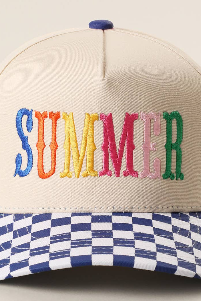 SUMMER Embroidered Checkered Brim Trucker Hat: BLUE / ONE SIZE { product_type }}