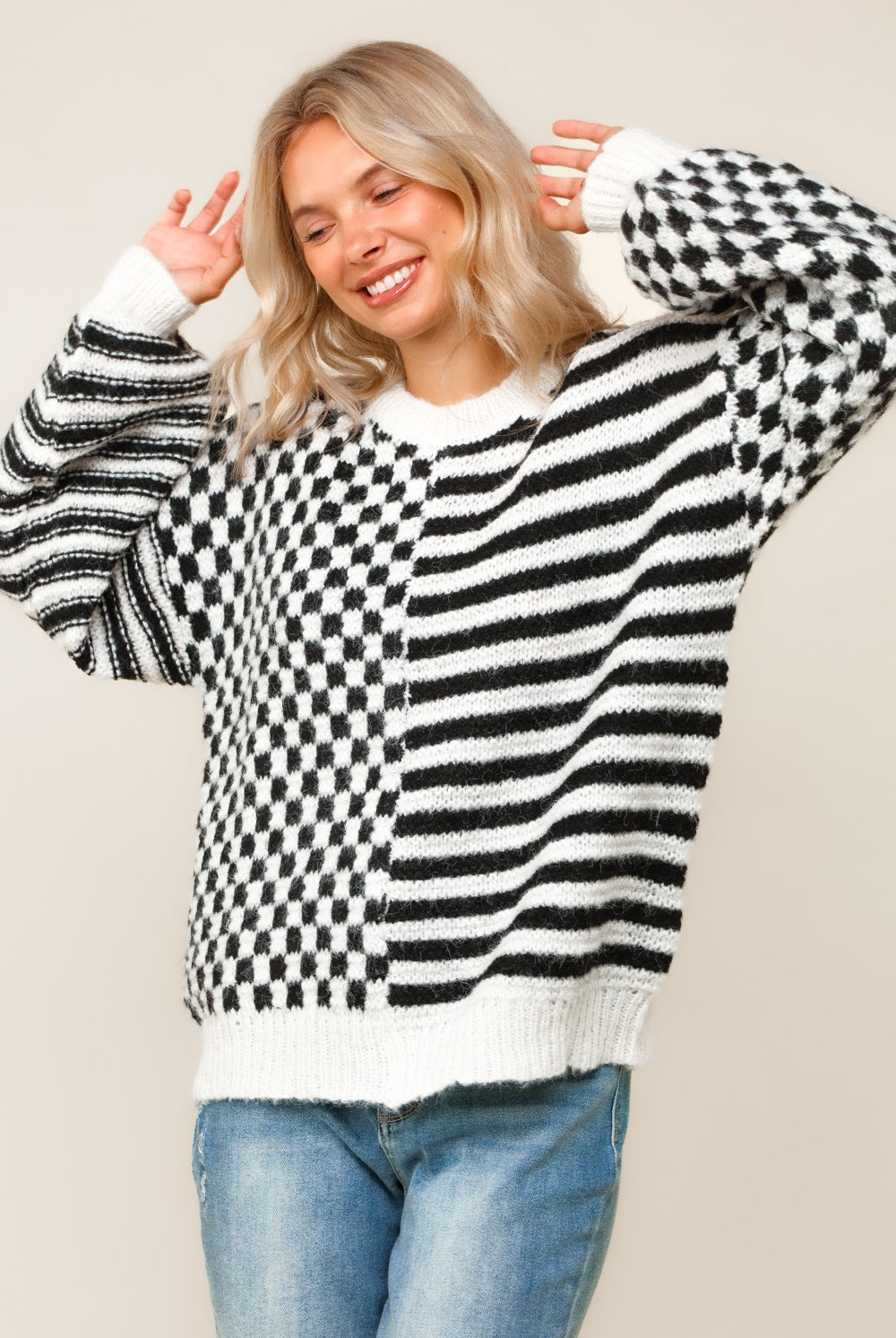 Checker Stripe Sweater-Shirts & Tops-Haptics-Three Birdies Boutique, Women's Fashion Boutique Located in Kearney, MO