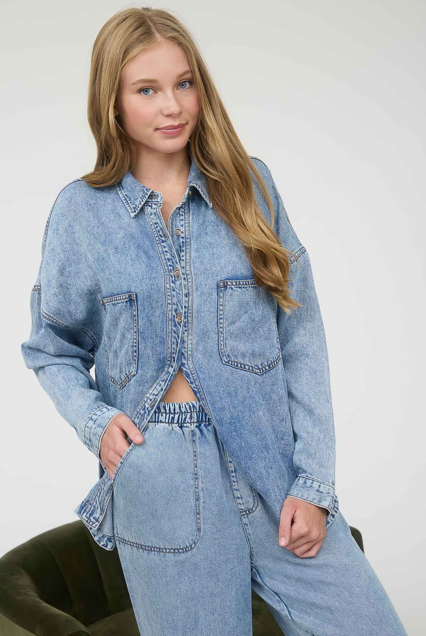 Chambray Long Sleeve Shirt-Denim Jacket-Blu Pepper-Three Birdies Boutique, Women's Fashion Boutique Located in Kearney, MO