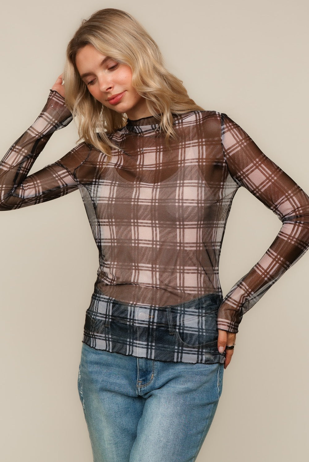 Plaid Mesh Top Black { product_type }}