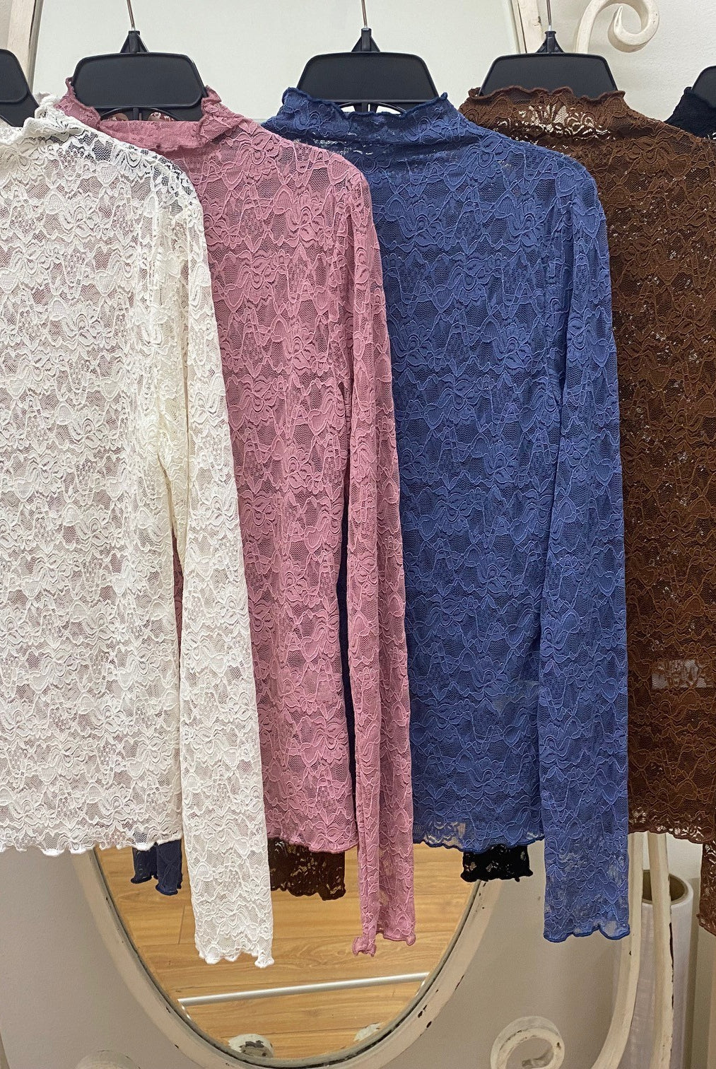 Mock Neck Lace Mesh Tops { product_type }}