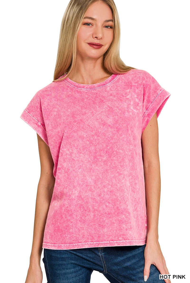 Mineral Washed Cuffed Sleeve Top { product_type }}