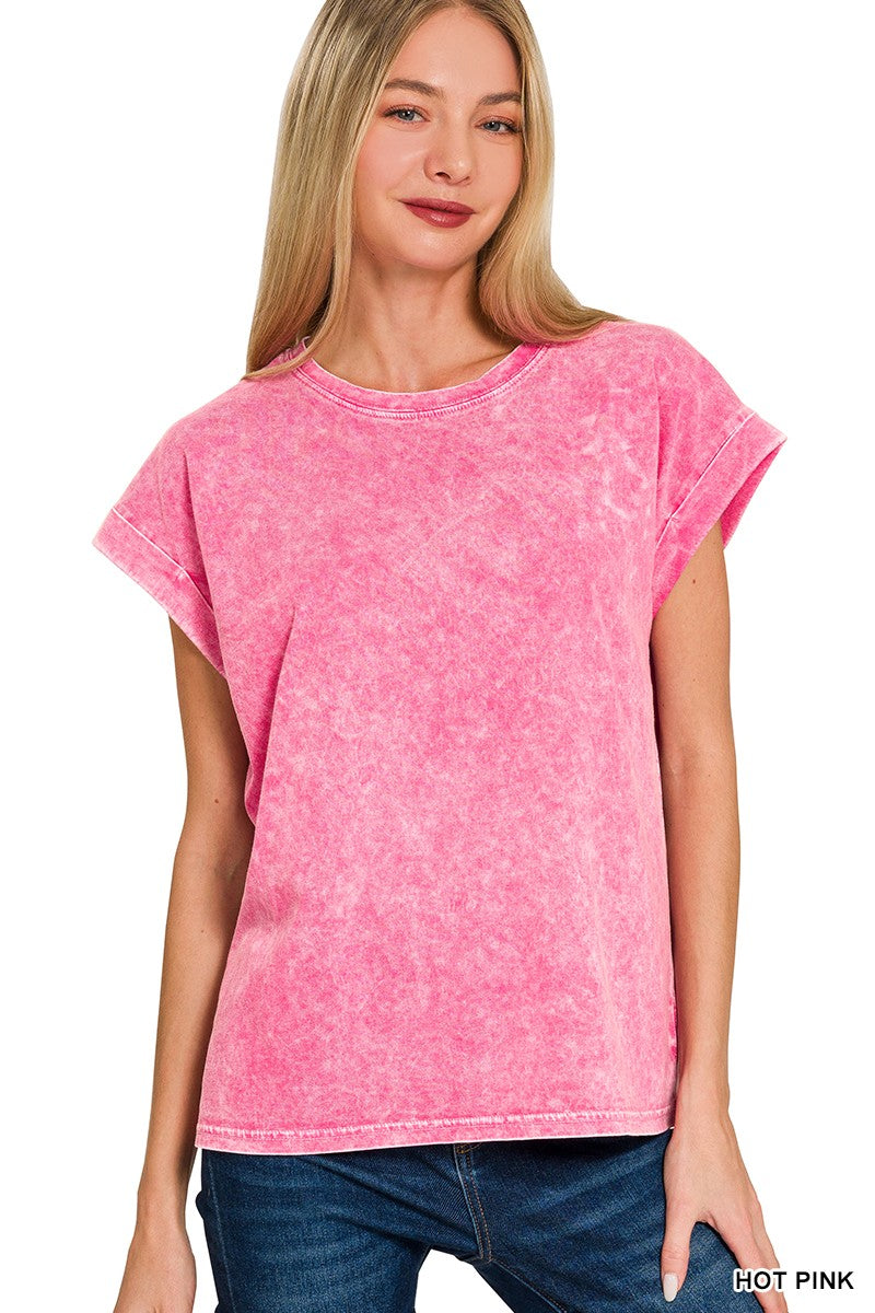 Mineral Washed Cuffed Sleeve Top { product_type }}