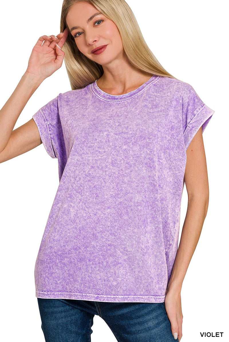 Mineral Washed Cuffed Sleeve Top { product_type }}