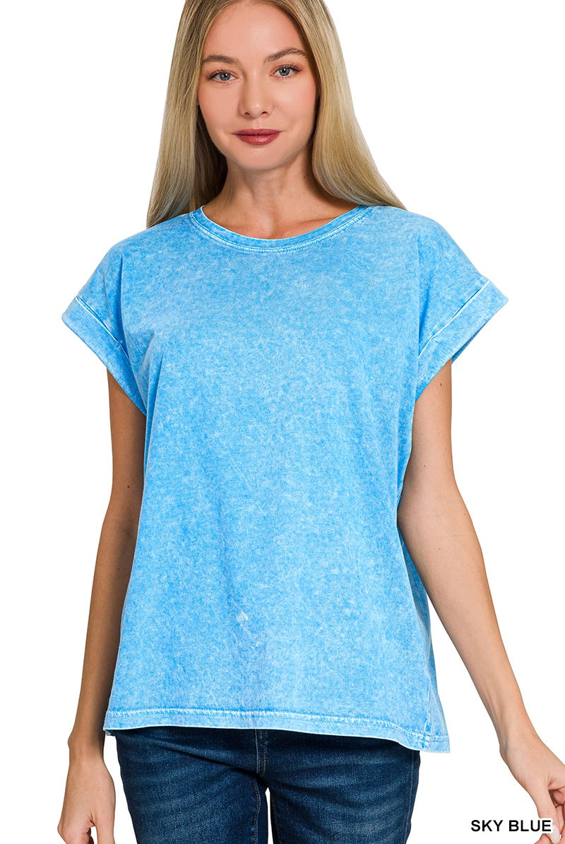 Mineral Washed Cuffed Sleeve Top { product_type }}