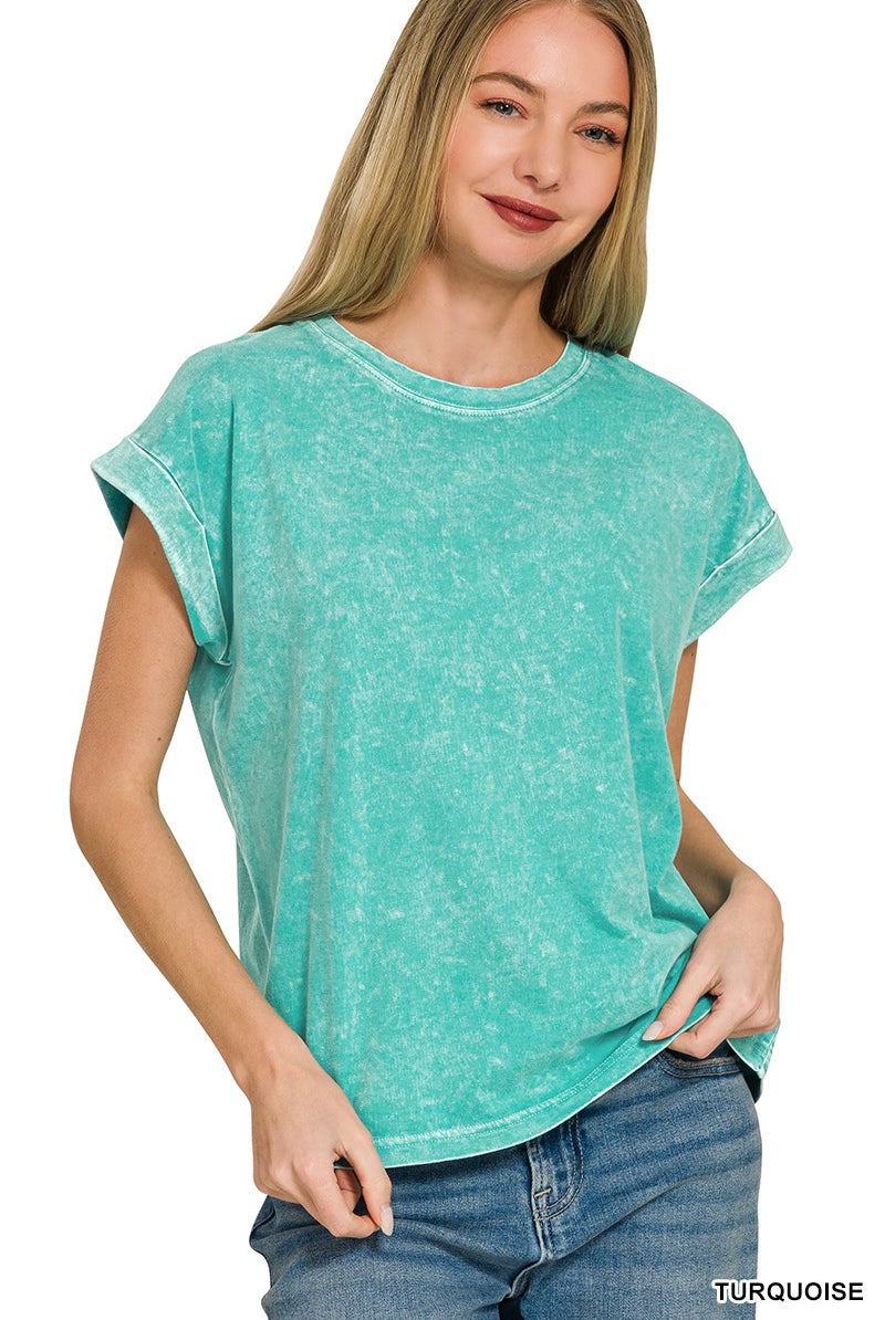 Mineral Washed Cuffed Sleeve Top { product_type }}