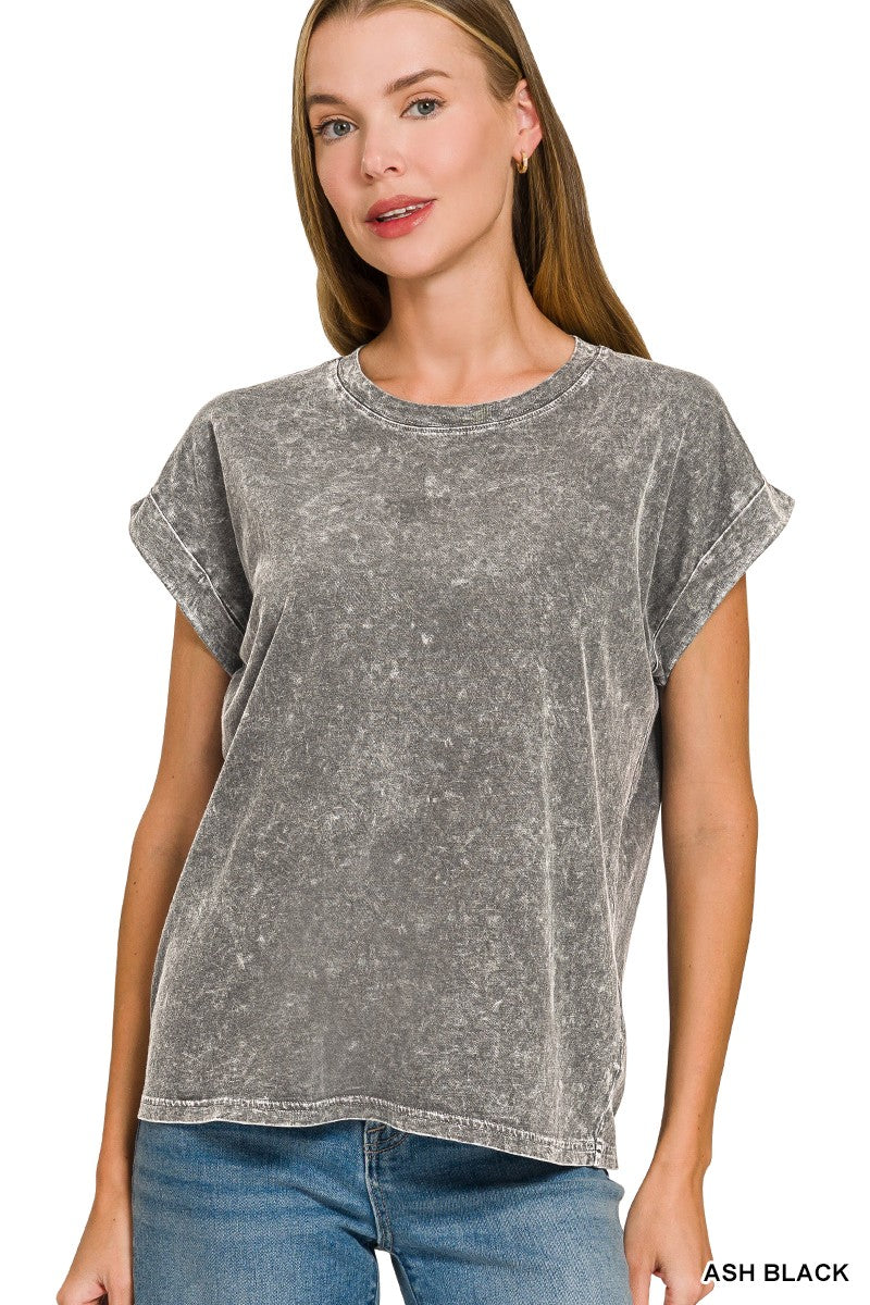 Mineral Washed Cuffed Sleeve Top-Top-Zenana-Three Birdies Boutique, Women's Fashion Boutique Located in Kearney, MO