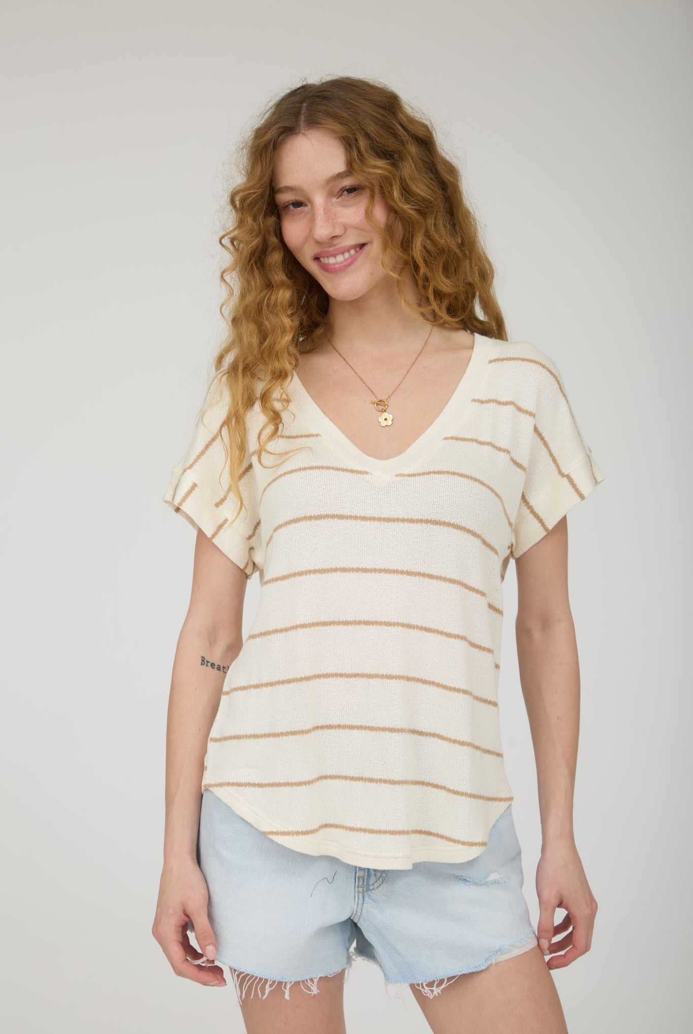Stripe Cuffed Short Sleeve Top { product_type }}