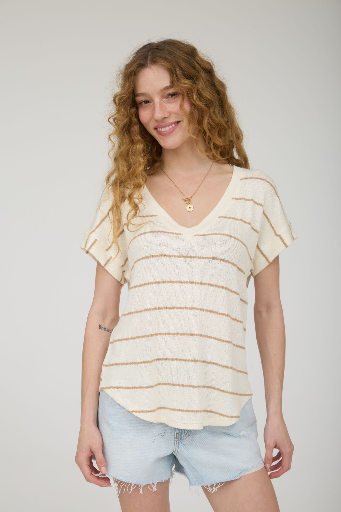 Stripe Cuffed Short Sleeve Top { product_type }}