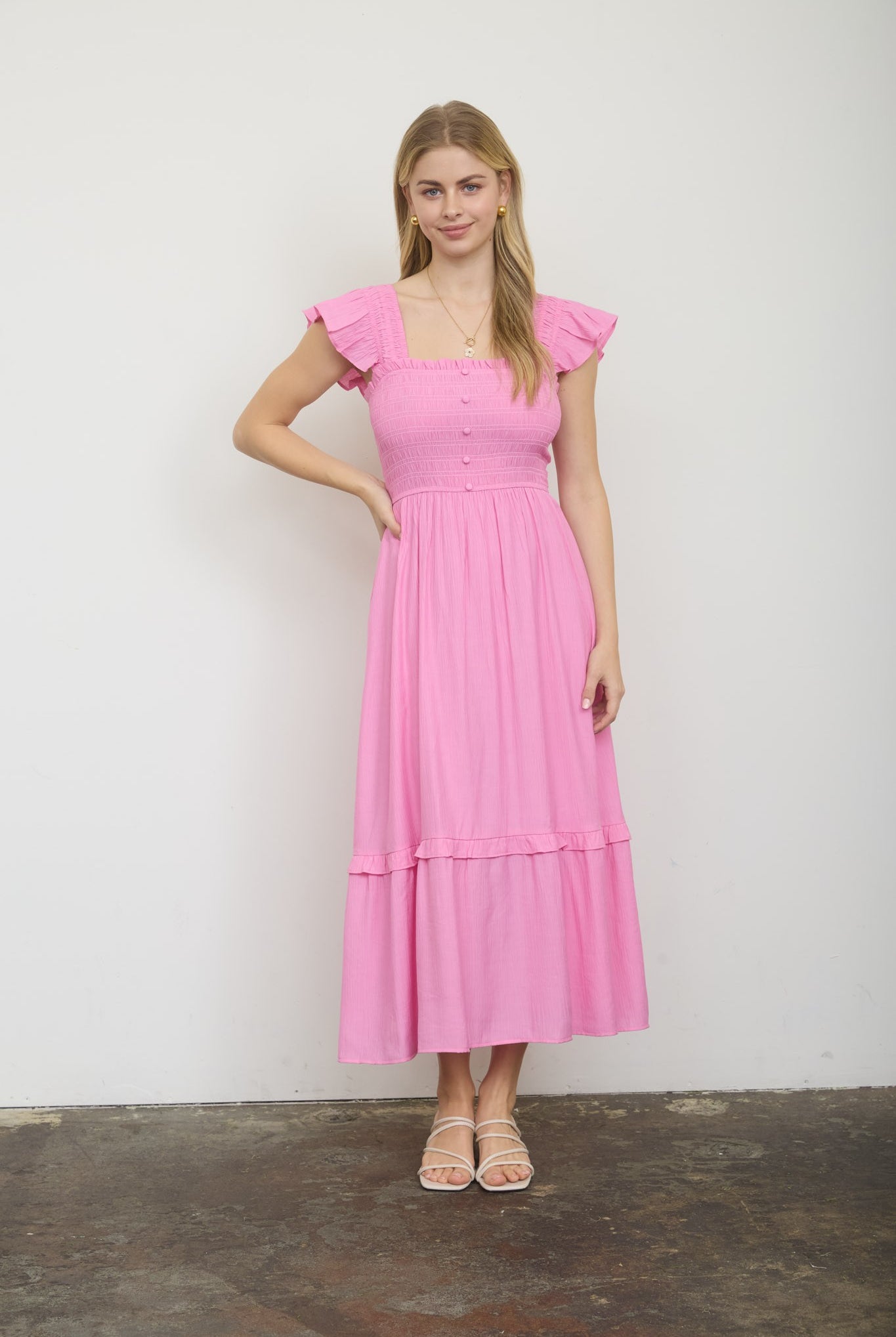 Pink Mock Button Smocked Midi Dress { product_type }}