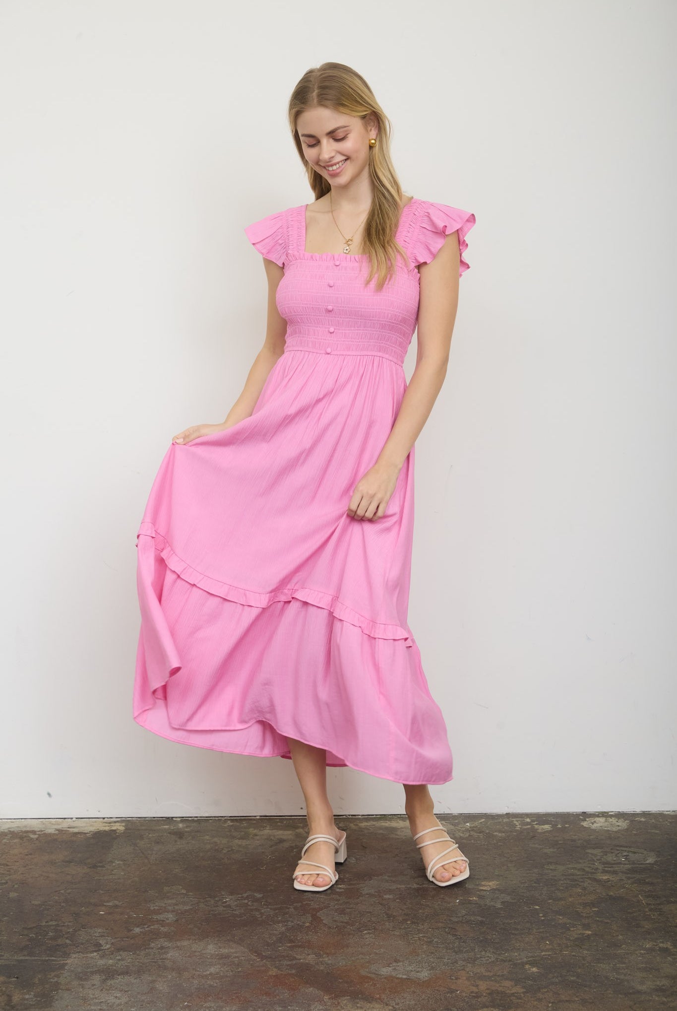 Pink Mock Button Smocked Midi Dress { product_type }}