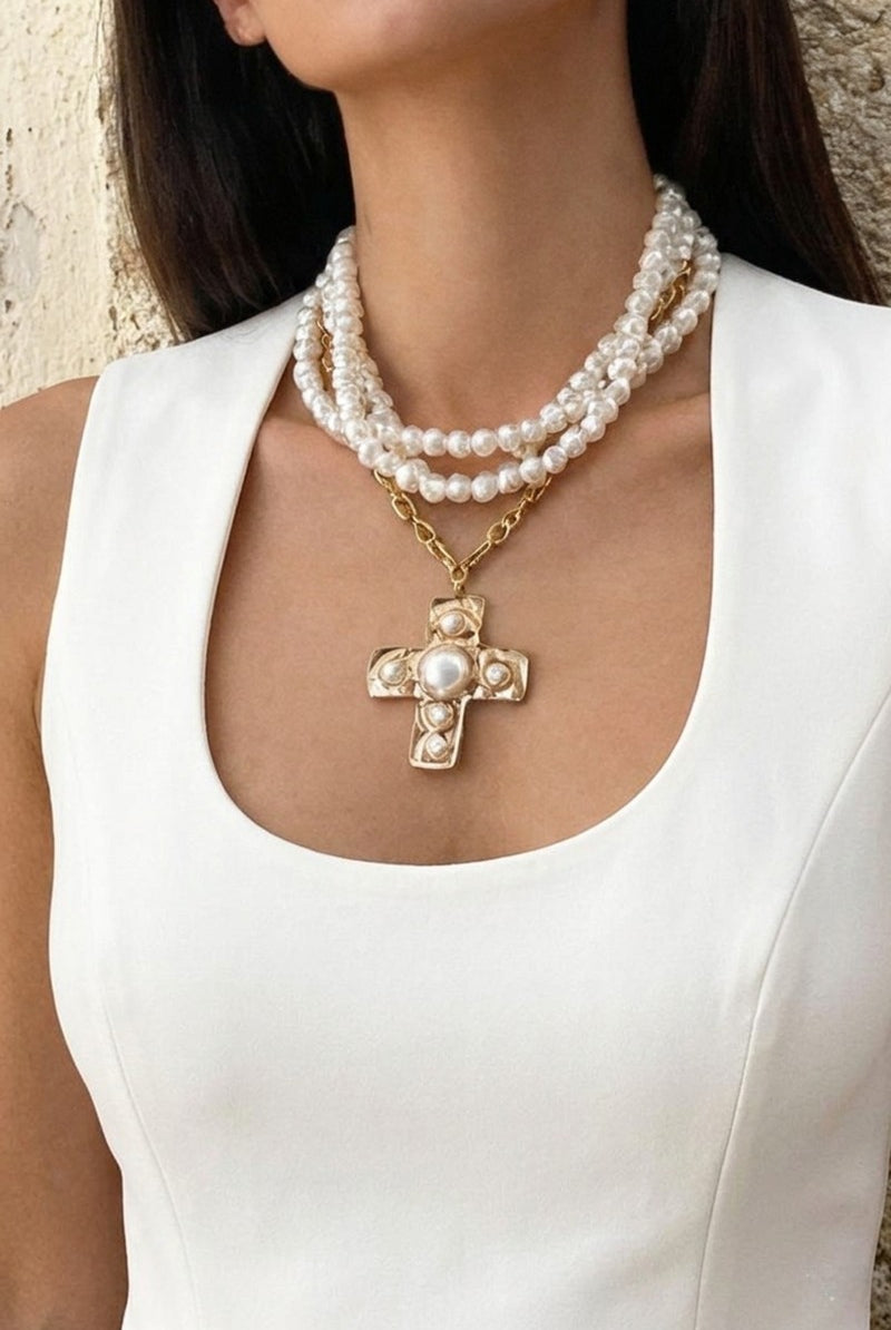 Notable Hammered Cross Multi-Wrap Pearl Necklace { product_type }}