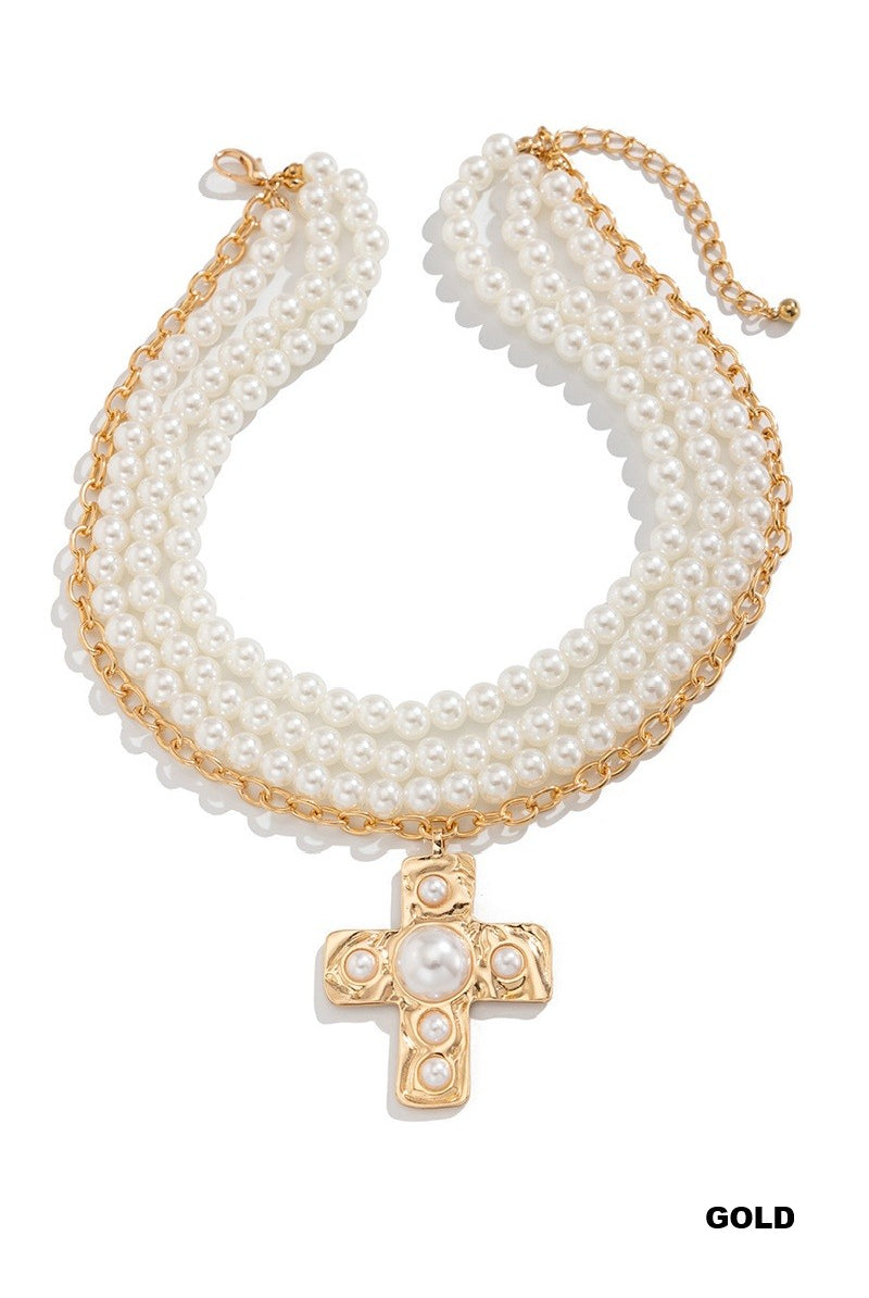 Notable Hammered Cross Multi-Wrap Pearl Necklace { product_type }}