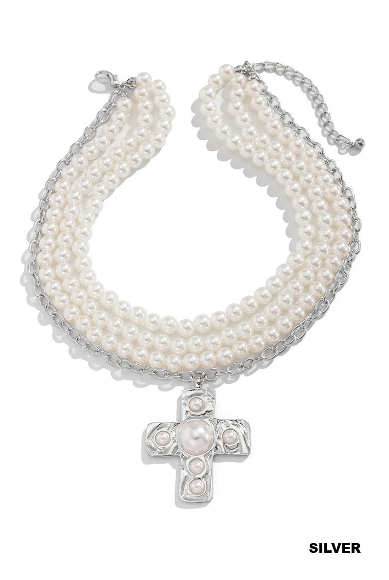 Notable Hammered Cross Multi-Wrap Pearl Necklace { product_type }}