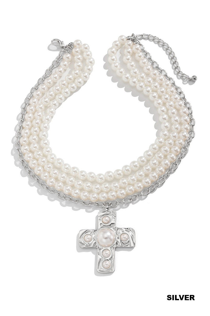Notable Hammered Cross Multi-Wrap Pearl Necklace { product_type }}