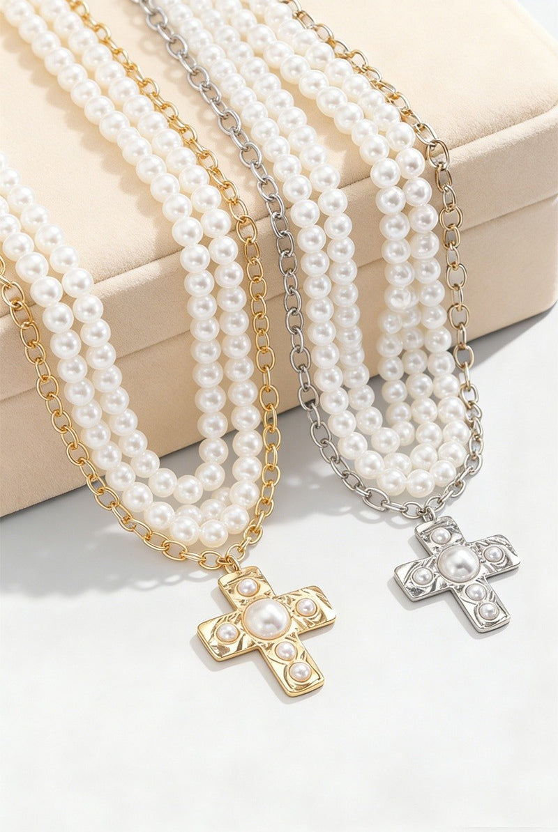 Notable Hammered Cross Multi-Wrap Pearl Necklace { product_type }}