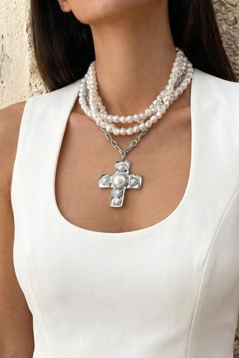 Notable Hammered Cross Multi-Wrap Pearl Necklace { product_type }}