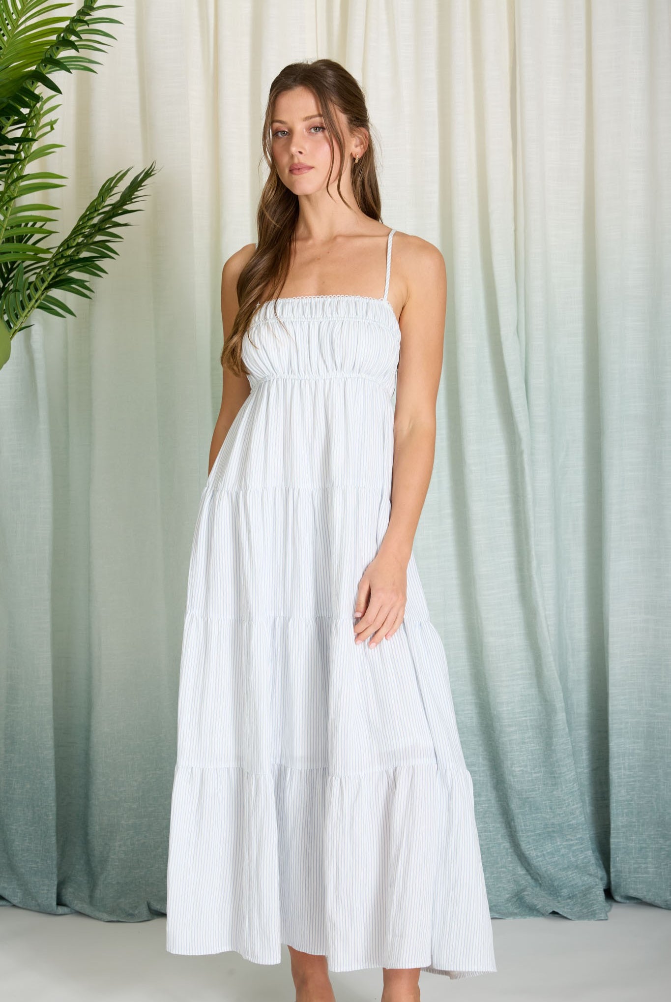 Stripe Shirred Empire Waist Dress { product_type }}