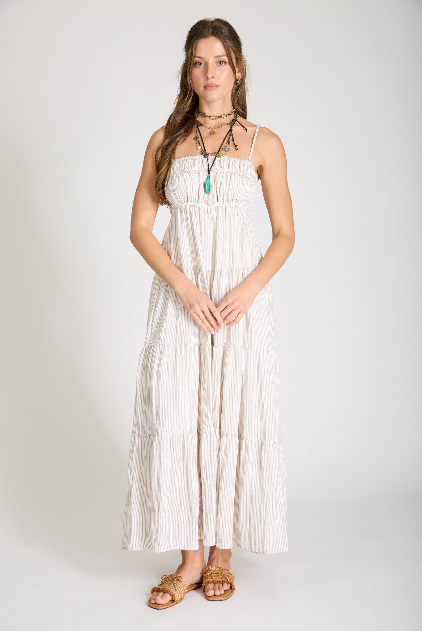 Stripe Shirred Empire Waist Dress { product_type }}