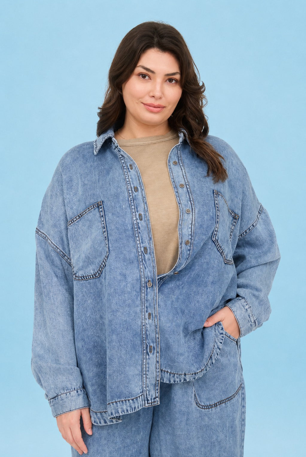Chambray Long Sleeve Shirt-Denim Jacket-Blu Pepper-Three Birdies Boutique, Women's Fashion Boutique Located in Kearney, MO