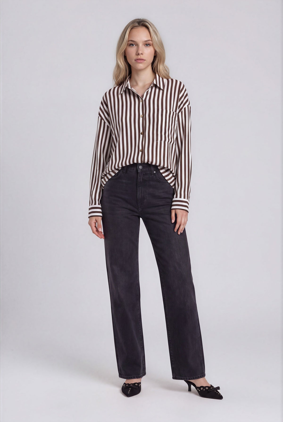 Vertical Stripe Collared Button Down Shirt { product_type }}