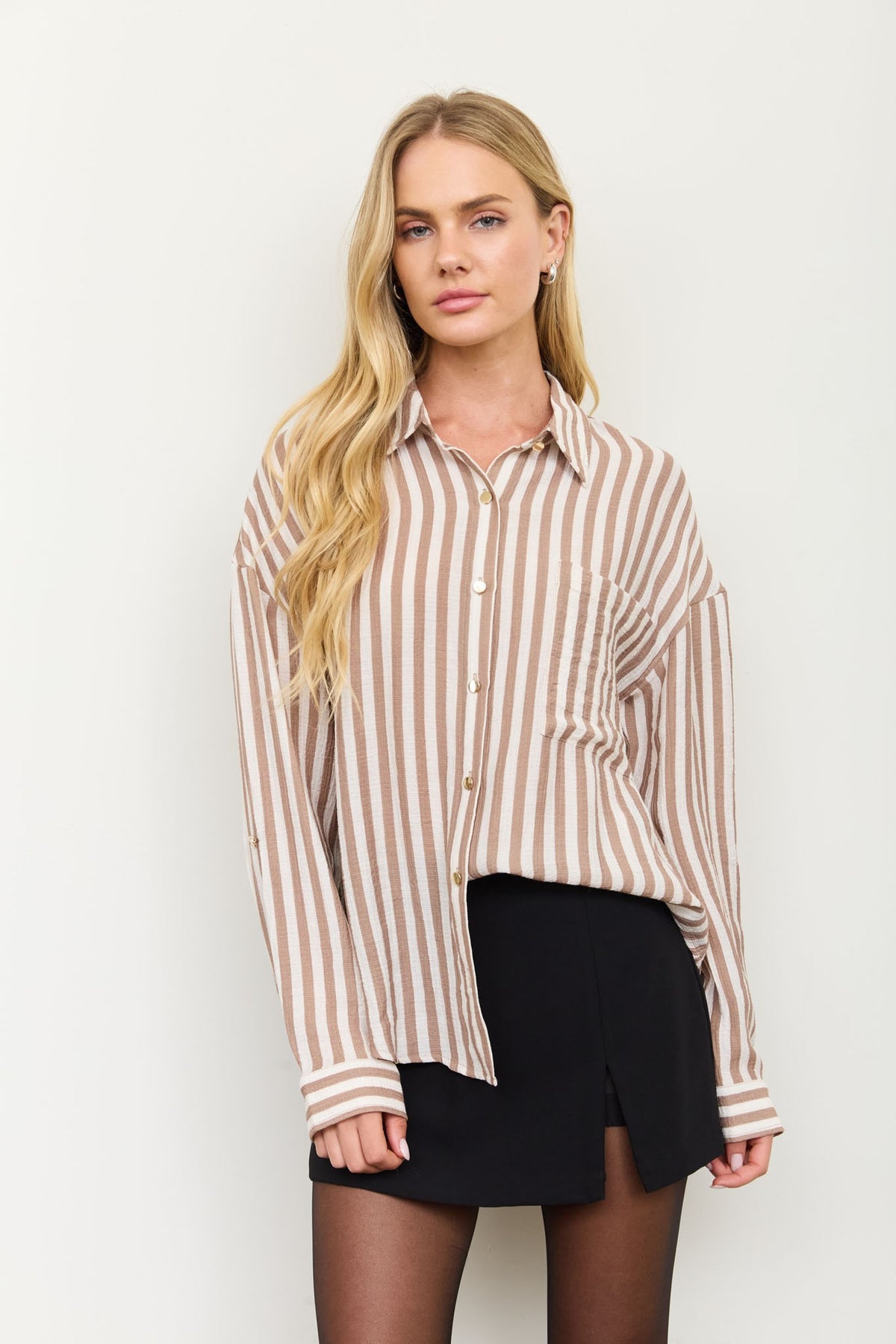 Vertical Stripe Collared Button Down Shirt { product_type }}