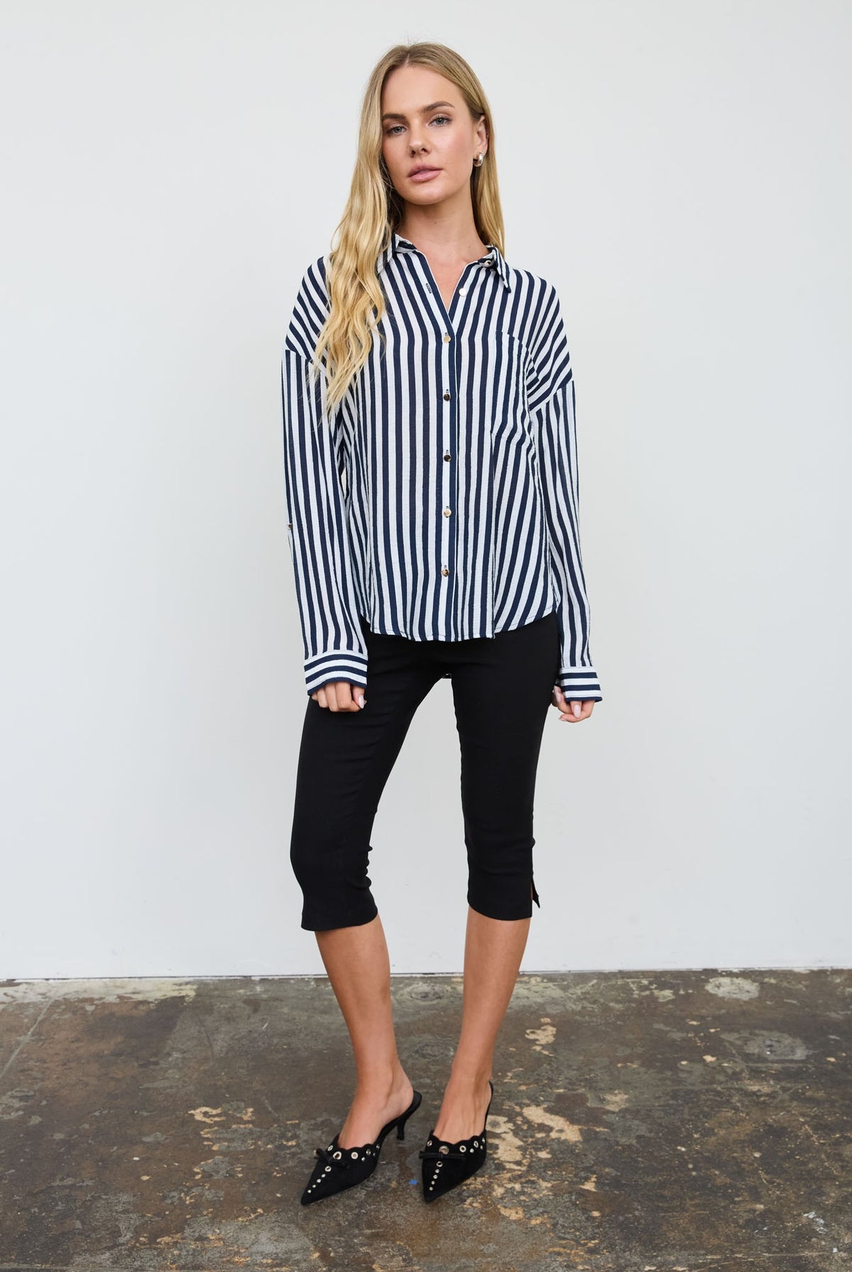 Vertical Stripe Collared Button Down Shirt { product_type }}