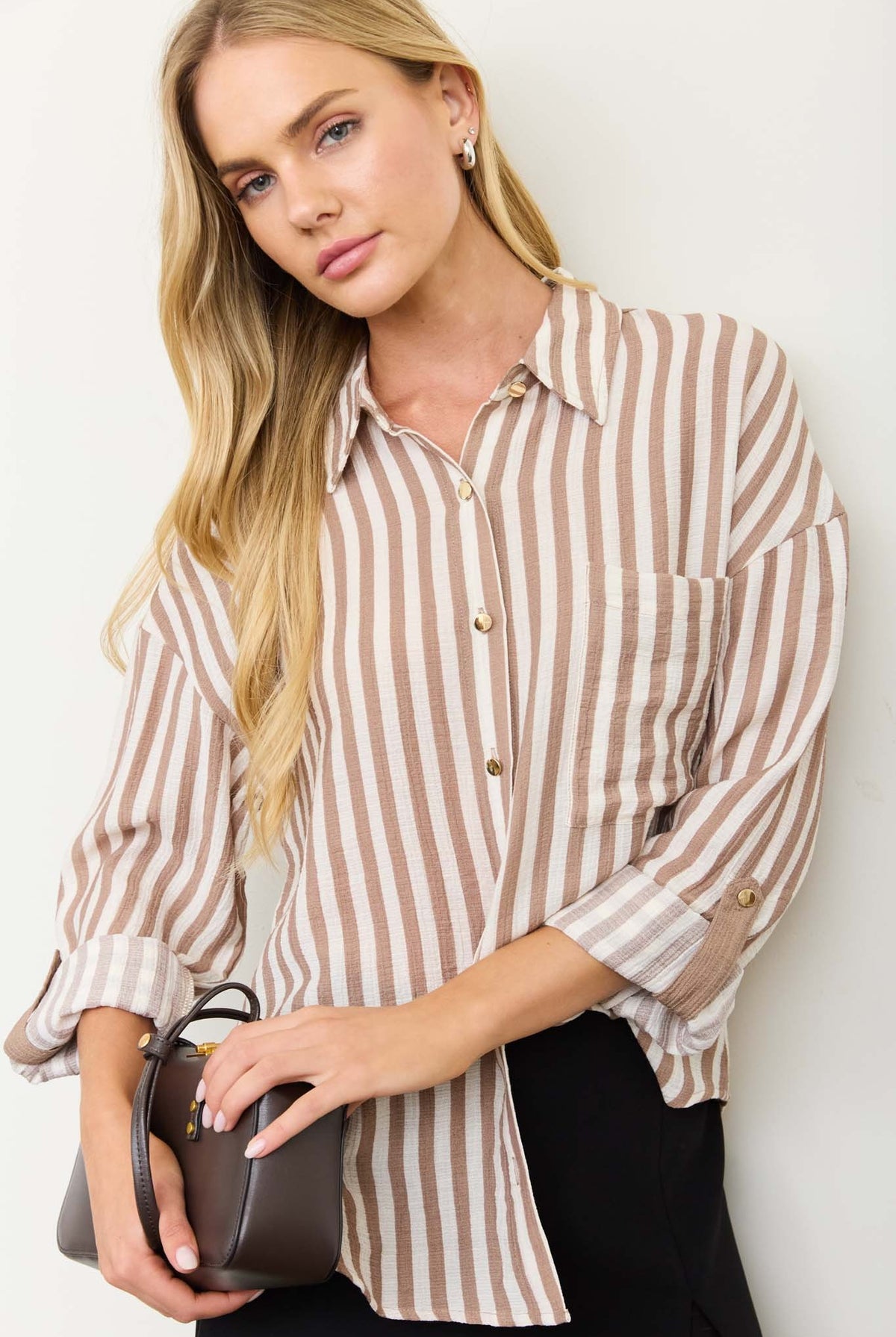 Vertical Stripe Collared Button Down Shirt { product_type }}