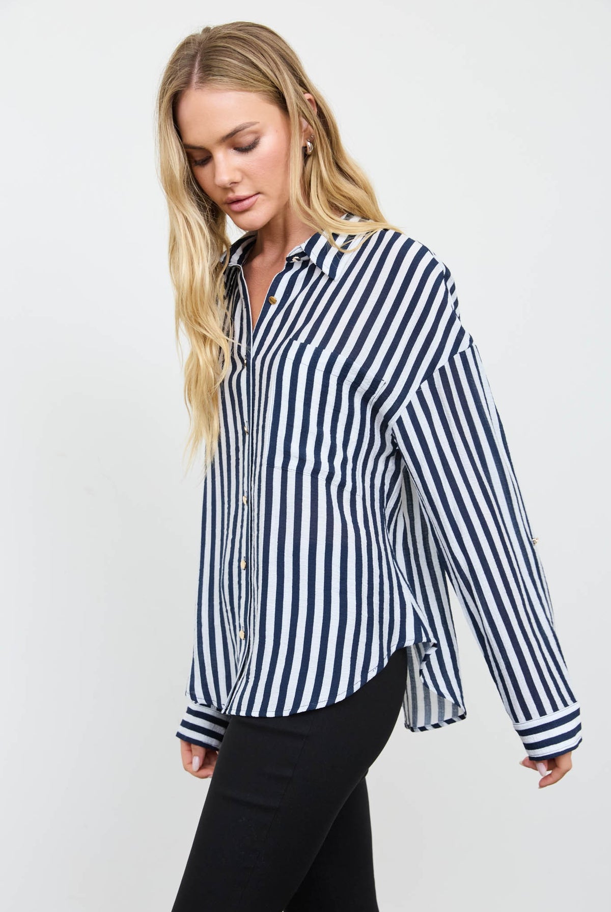 Vertical Stripe Collared Button Down Shirt { product_type }}
