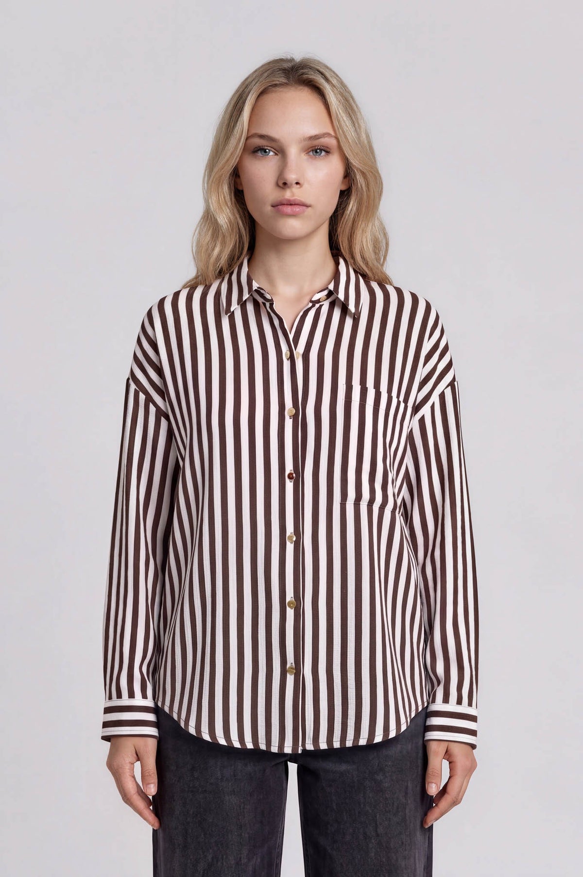 Vertical Stripe Collared Button Down Shirt { product_type }}