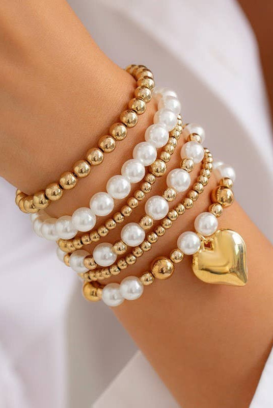 Pearl and Heart Stacked Bracelets { product_type }}