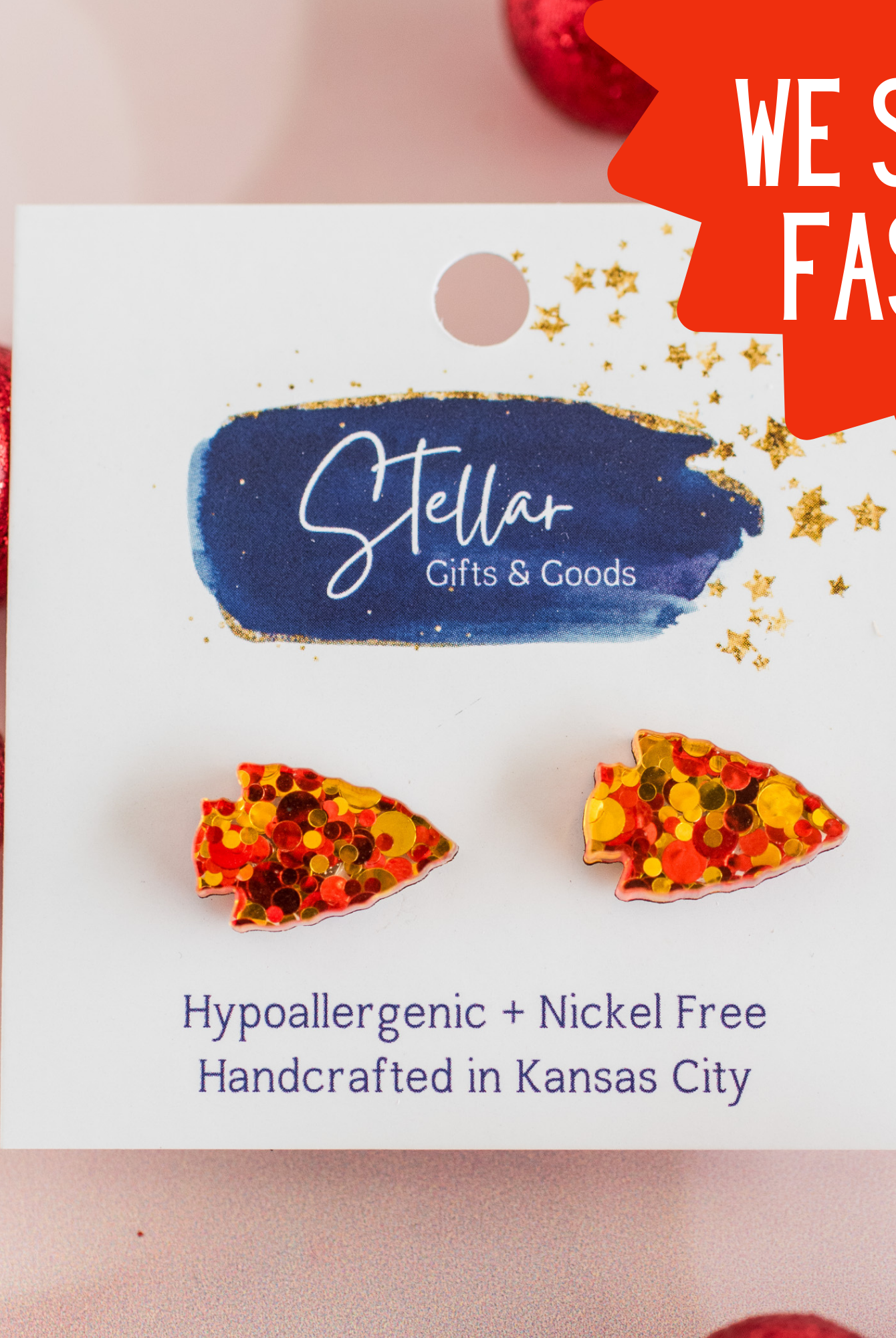 Red & Gold Confetti Arrowhead Studs Kansas City Football-Stellar Gifts & Goods Wholesale-Three Birdies Boutique, Women's Fashion Boutique Located in Kearney, MO