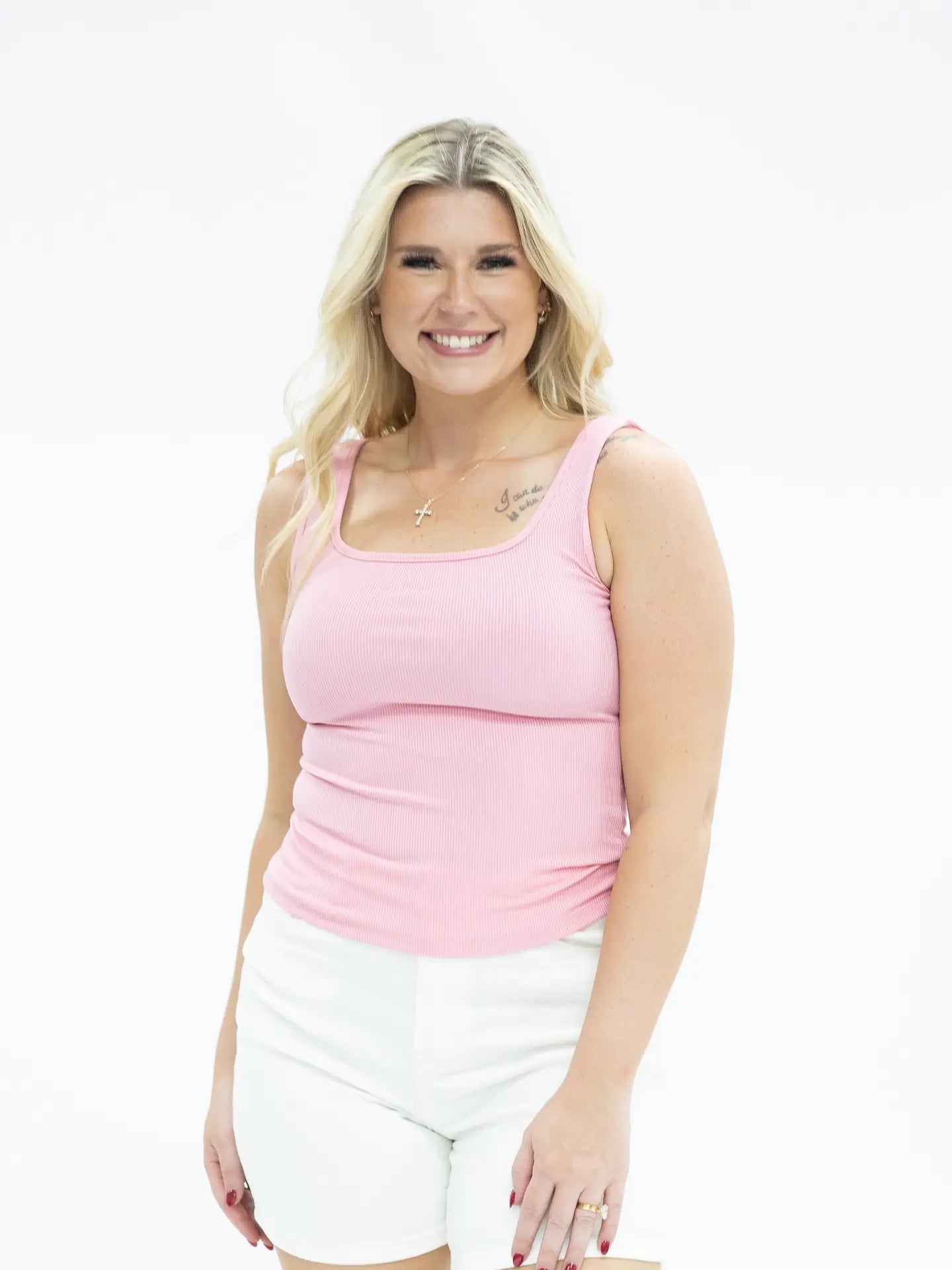 Square Neck Rib Tank Pink-Shirts & Tops-Grace and Emma-Three Birdies Boutique, Women's Fashion Boutique Located in Kearney, MO