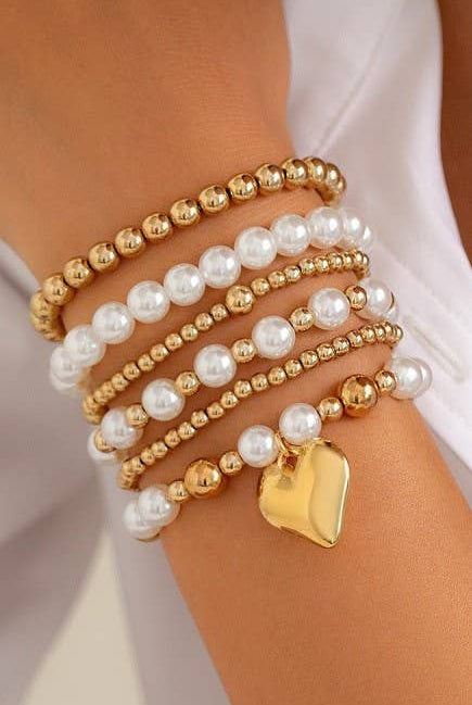 Pearl and Heart Stacked Bracelets { product_type }}
